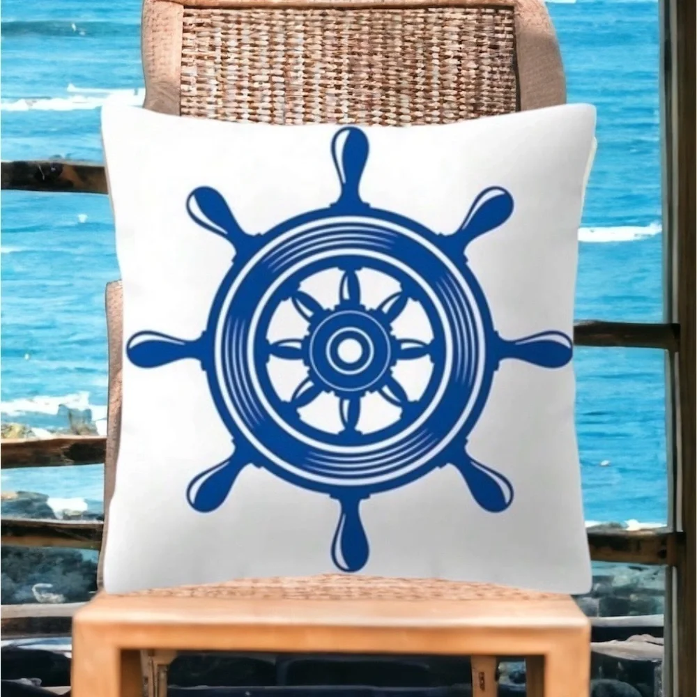 Coastal Pillow Cover Ship Wheel Nautical Beach Decor Square 17.75 in Blue White